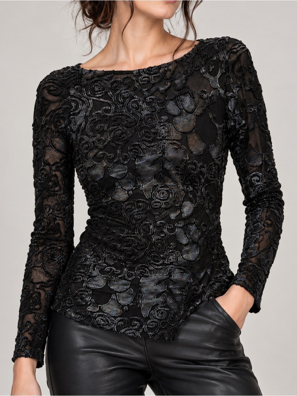 Donna Black Burnout Velvet Sheer Mesh Floral Top S Whimsigoth